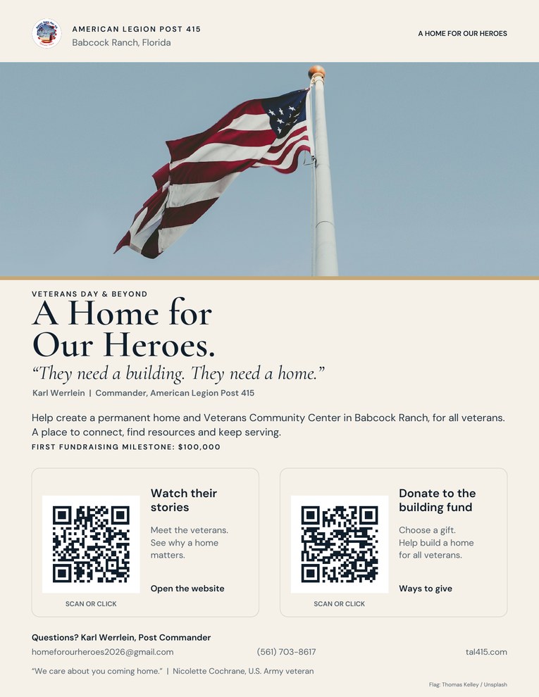 American flag donation flyer with separate QR codes for watching the veterans’ stories and donating